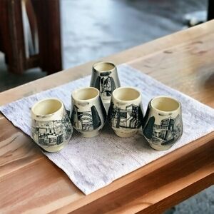 Vintage El Beso Shot Glasses Set 5 Hand Painted Ceramic GTO Mexico Black White